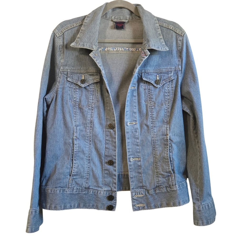 Worn Jeans Indie Chic Blue White Fine Pinstripe Denim Trucker Jacket Womens M